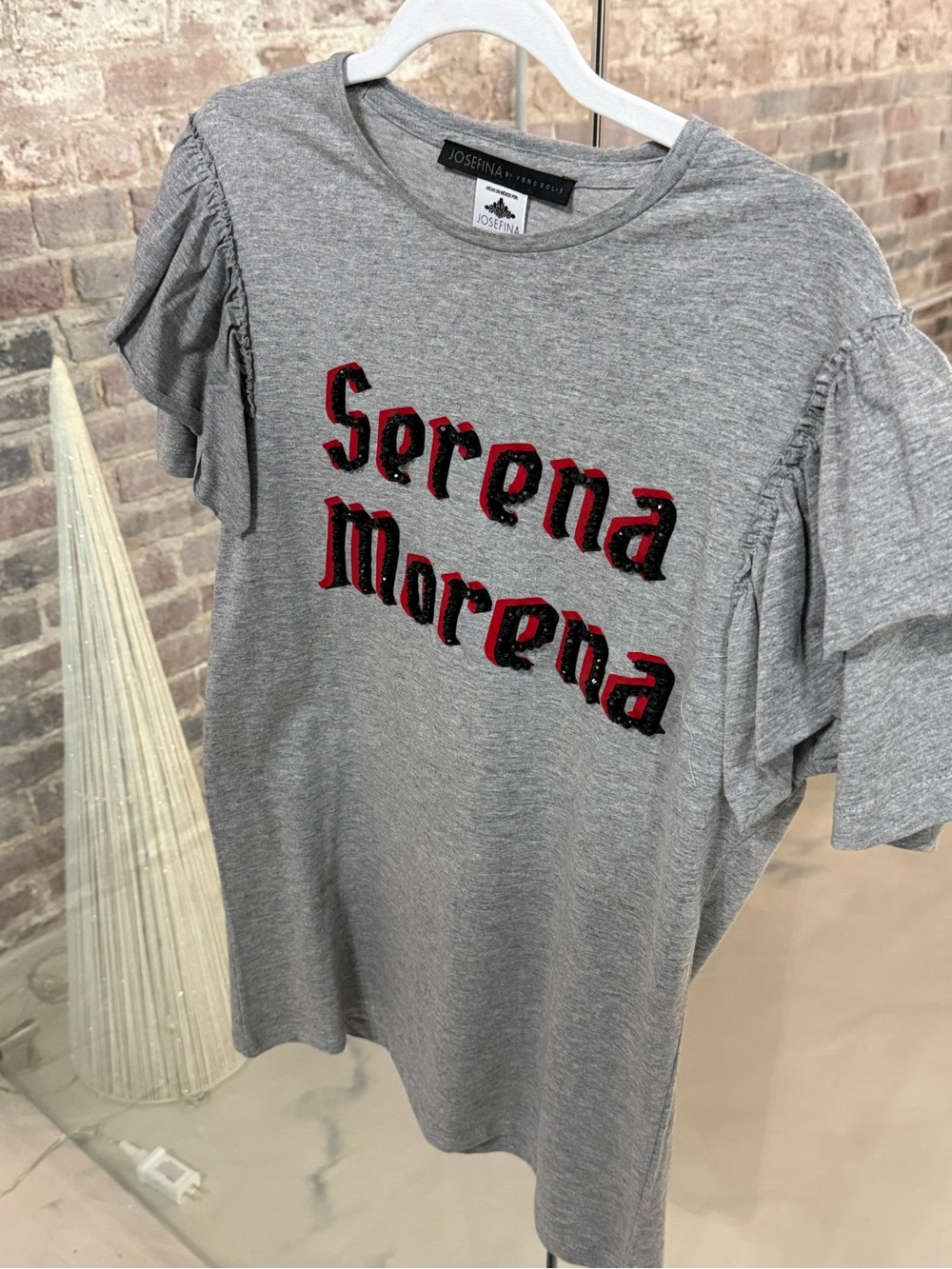 Serena Morena Embroidered Gray Ruffle Sleeve Tee